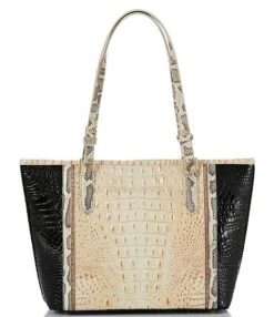 BRAHMIN Rockville Collection Medium Asher Ivory Iguana Tote Bag
