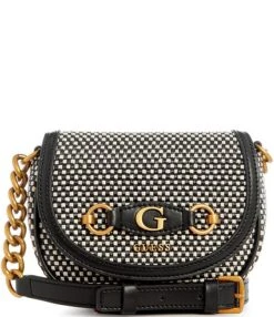 Guess Izzy Woven Raffia Straw G Logo Mini Flap Crossbody Saddle Bag