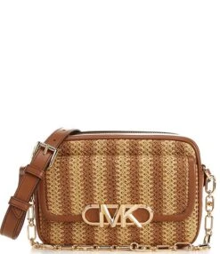 Michael Kors Park Medium Chain Swag Striped Straw Camera Crossbody Bag