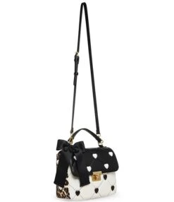 Betsey Johnson I Want Candy Multi-Colored Rhinestone Heart Black Bow Handle Quilted Satchel Bag